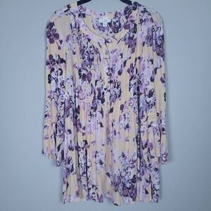 J Jill Womens Size Large Popover Pleated Front Tunic Top Purple Yellow Floral